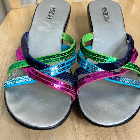 Seychelles multicolor sequin strappy slip on wedge sandals 8.5 - Picture 2 of 9